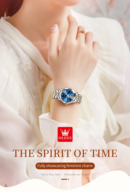 OLEVS 9970 Original Luxury Quartz Watch for Women Rhombus Mirror Digital Dial Calendar Stainless Steel Waterproof Wrist Watches