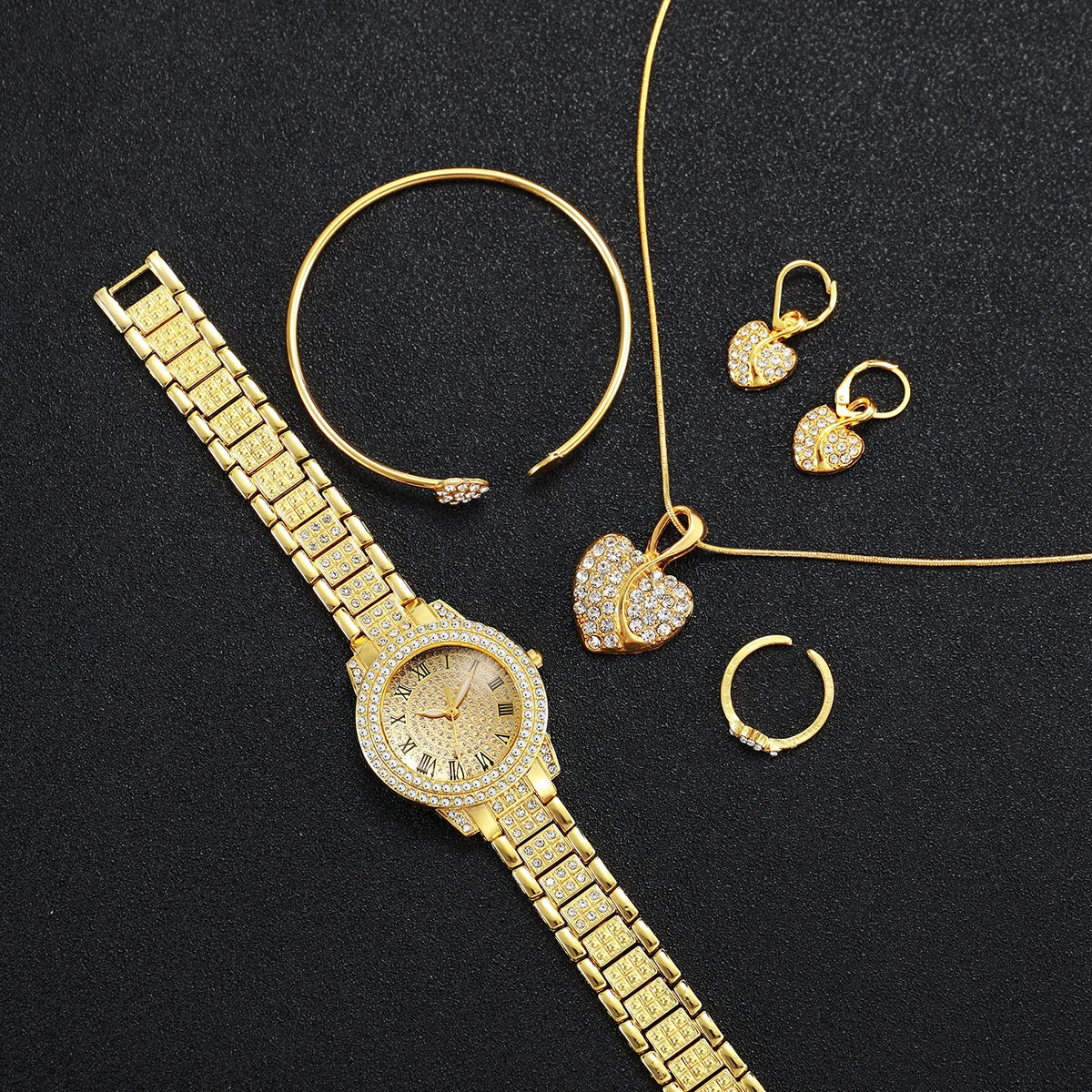 2/6PCS Luxury Diamond Women Watches Ladies Roma Dial Quartz Watch With Heart Jewelry Set Reloj Mujer (Without Box)