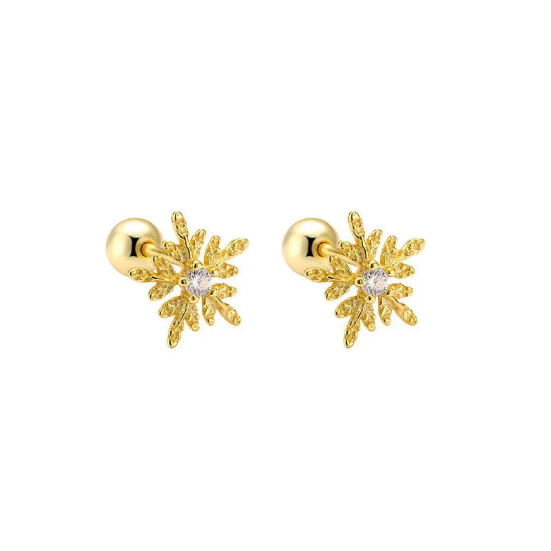 WANTME 925 Sterling Silver Fashion Simple Golden Flower Beads Small Stud Earrings for Women Teen Piercing Jewelry Accessories