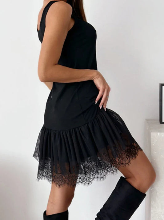 Lace Patchwork Slim Fit Vest Dress 2026 Spring Summer Sleeveless Hollowed Out Party Dress Simple Solid Color Holiday Short Dress