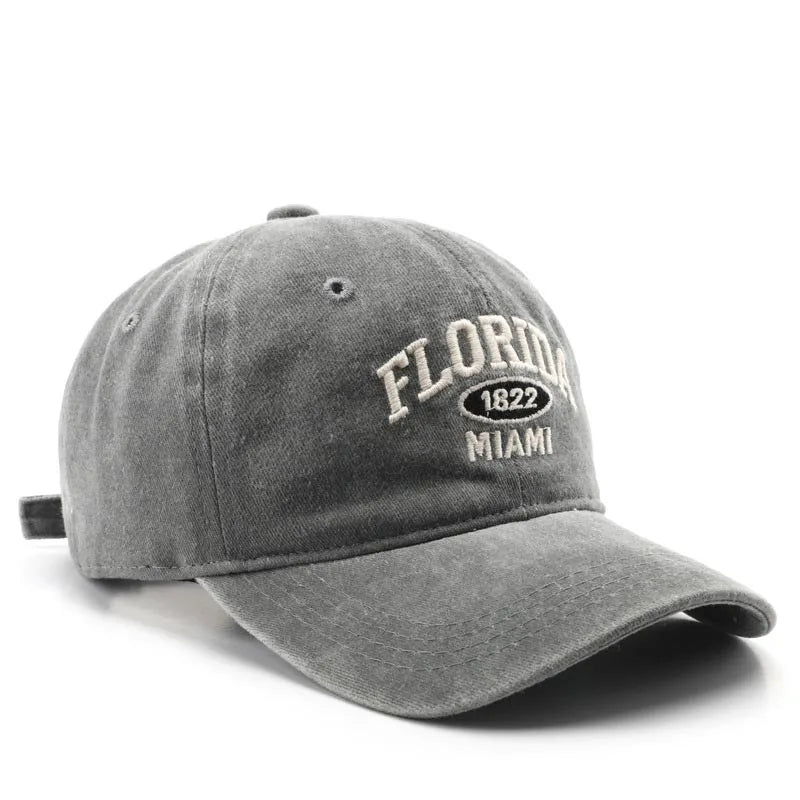 Vintage Washed Cowboy Baseball Cap for Men Women FLORIDA Embroidery Sun Cap Casual Snapback Hip Hop Hat Curved Brim Soft Top Hat