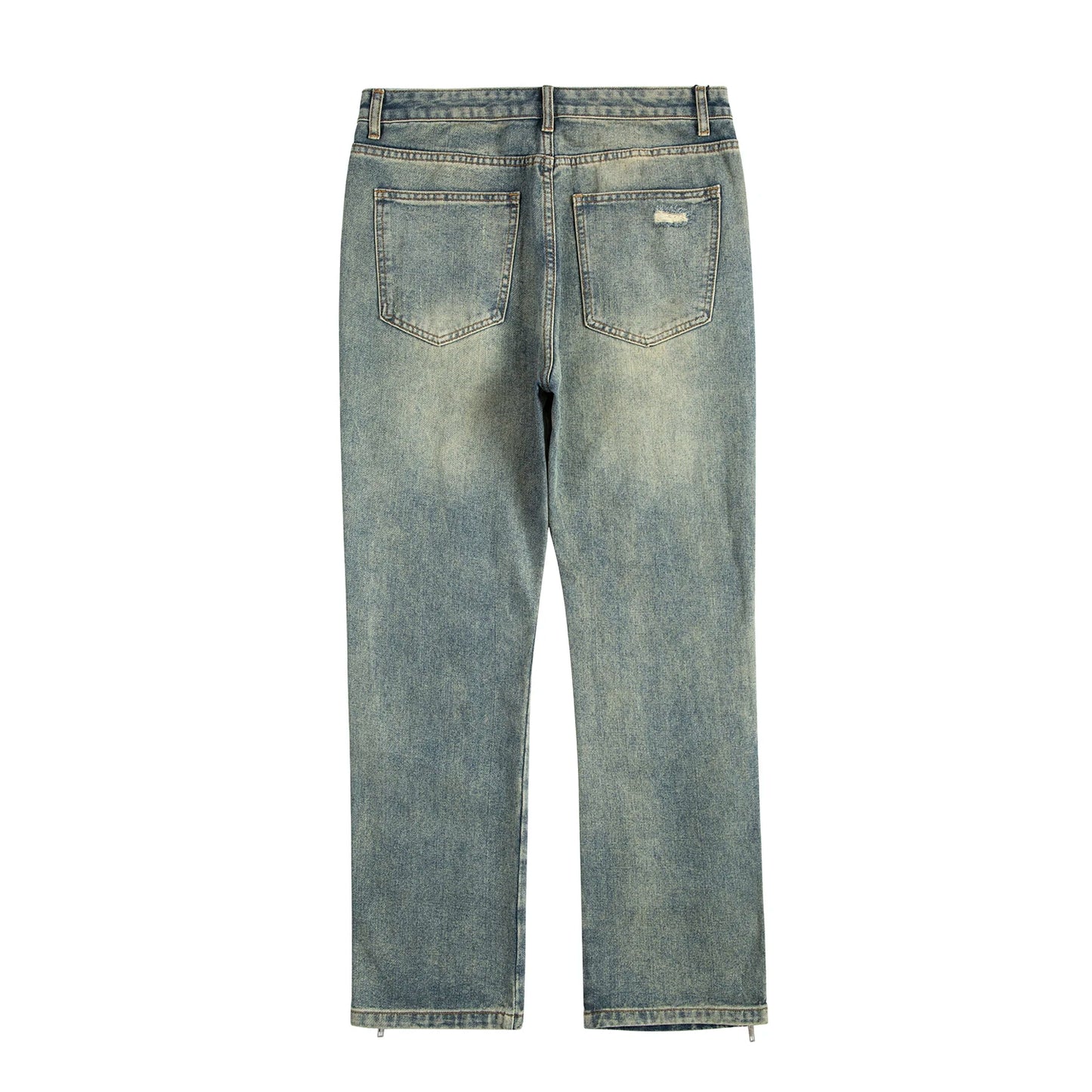 Streetwear Mens Blue Washed Jean Relaxed Fit Side Zipper Buckle Tapered Jeans
