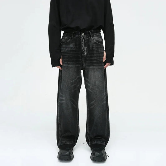Men's Vintage Jeans Street Niche Design Loose Straight Burrs Denim Trousers