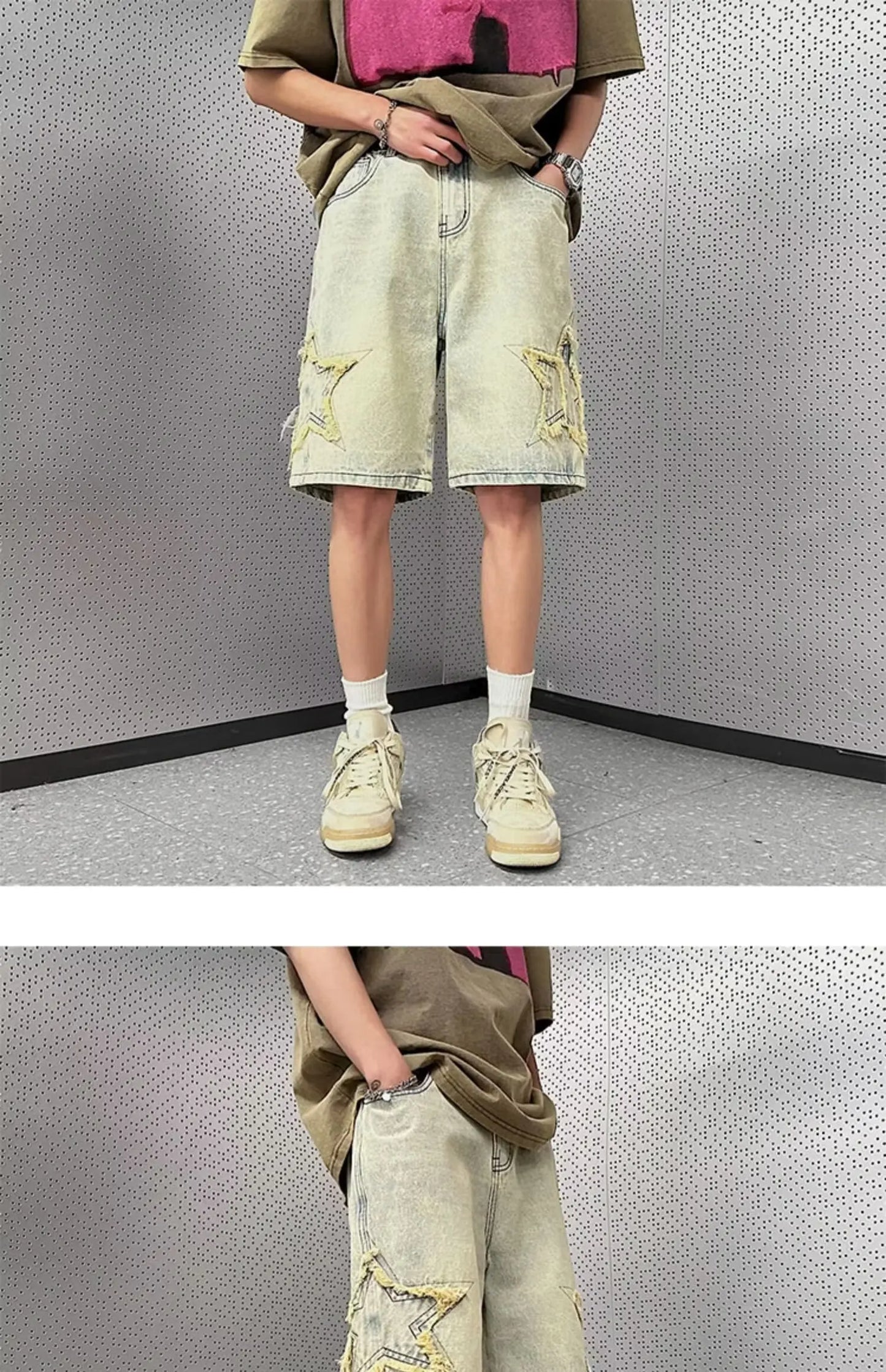 Star Patchwork Yellow Clay Color Jeans Summer Men Denim Shorts Trendy Streetwear Five-point Pants Straight Jeans Shorts