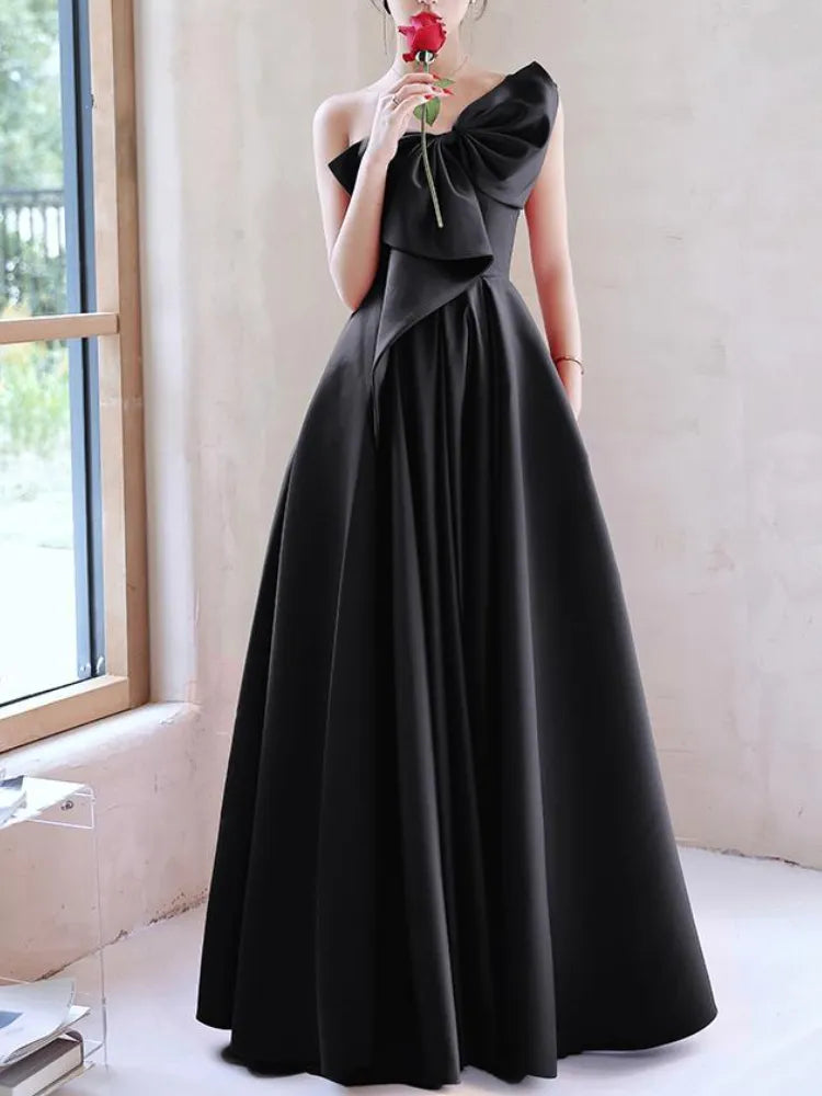 Evening wear Dresses: Prom Vestidos Bow Draped One-shoulder Cross Lace Up Dress
