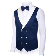 Blue Splicing Men‘s Suits 3 Pieces White Shawl Lapel Casual Tuxedos Suits Men (Blazer+Vest+Pants) For Wedding Groomsmen 2023