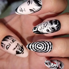 24Pcs Horror Comic Tomie Press on Nails Almond Glossy Black Japanese Anime Nails