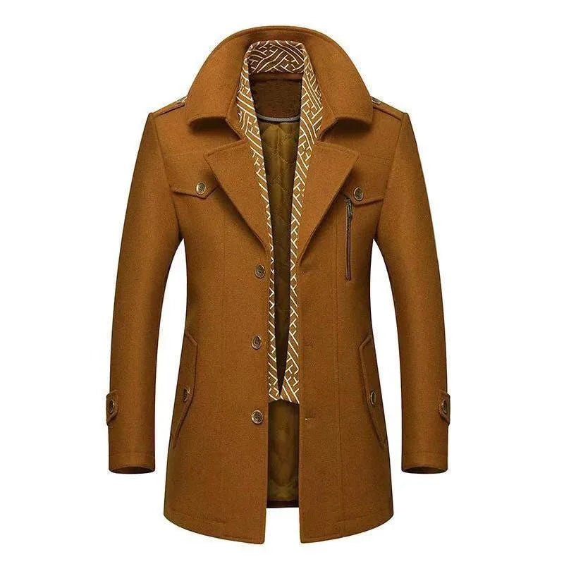 Winter Men Wool Coats Fashion Middle Long Scarf Collar Cotton-Padded Thick Warm
