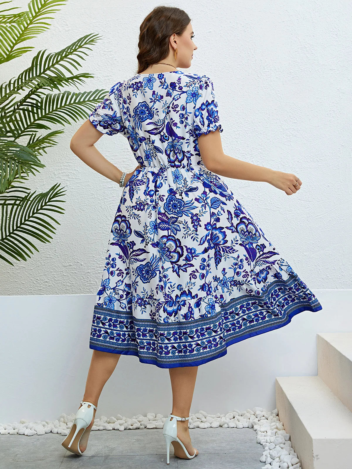 Plus Size Women Flower Print V-Neck A-Line Dresses Elegant Ruffle Short Sleeves Party Robe Casual Lady Vacation Large Size Cloth