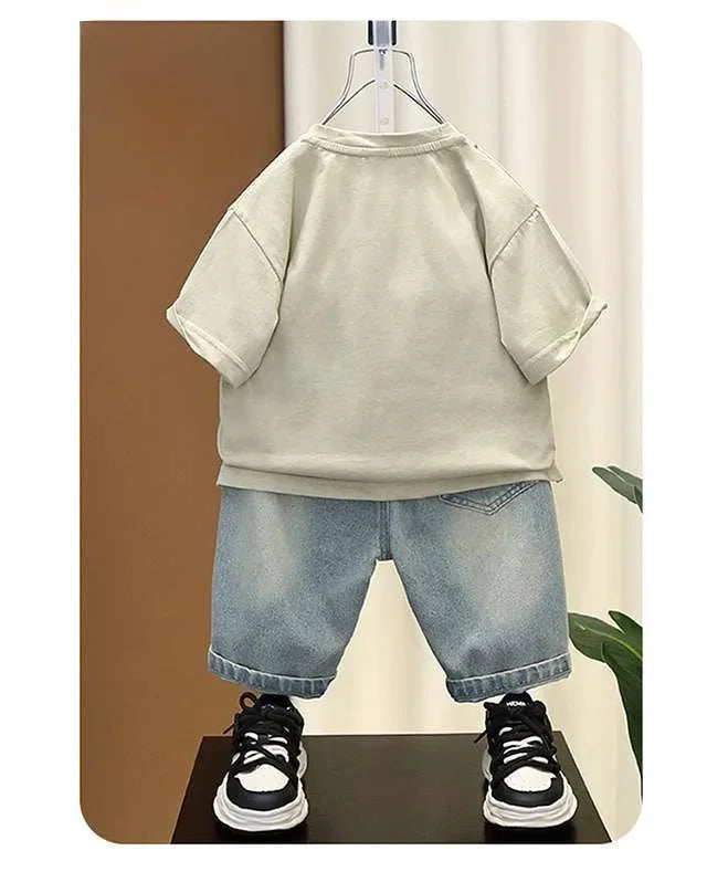 2-8 Years Boys Summer Clothing Set Letter Print Short Sleeved T-shirt+Denim Shorts 2Pcs Suit For Kids Handsome Casual Outfit