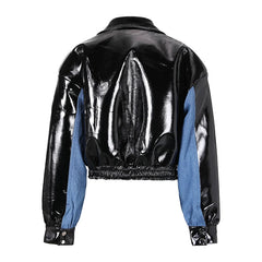 Denim Patchwork Leather Jackets Trend Men's Fashion Silhouette Short