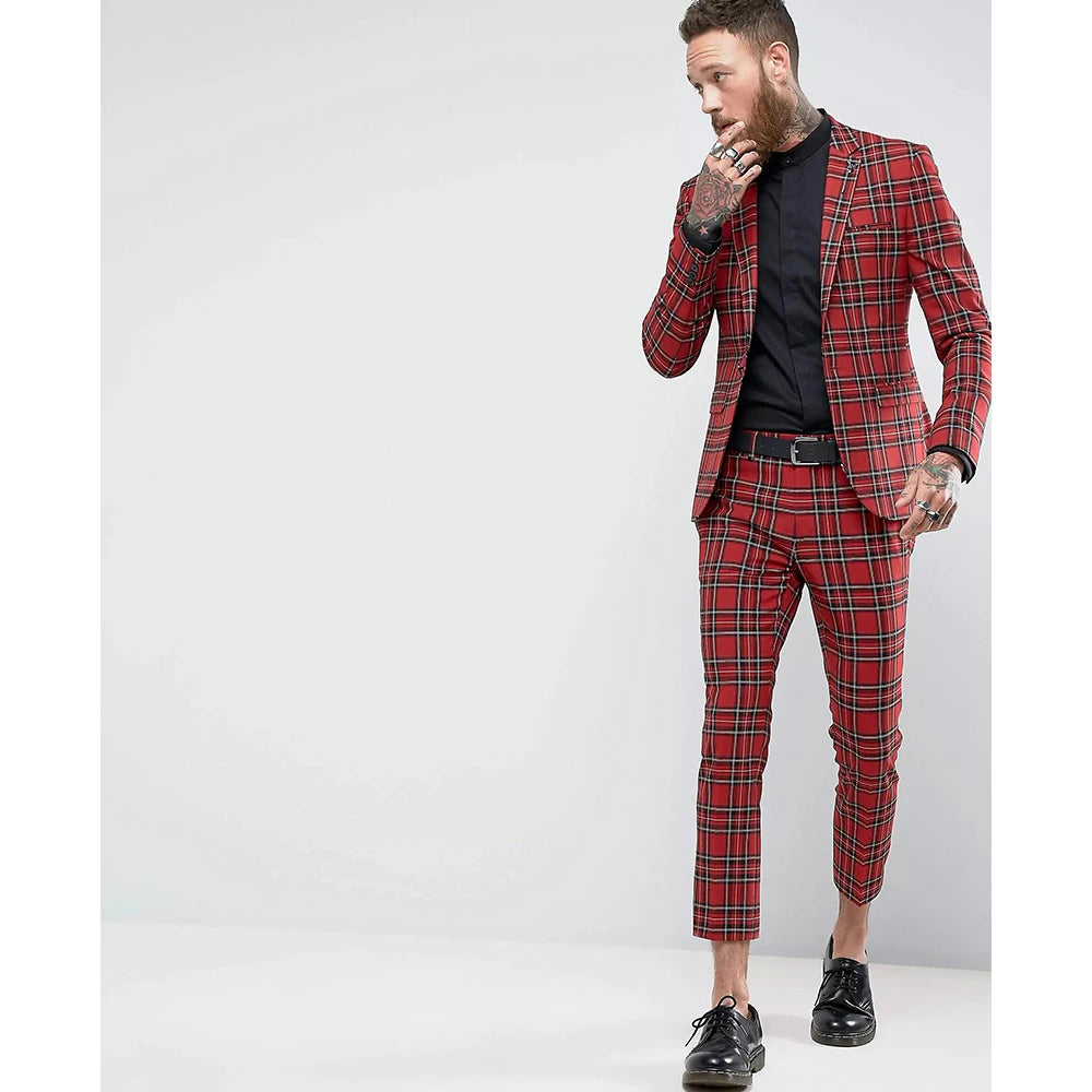 Tuxedo for Mens: Slim Fit Men Suit Two-piece (Jacket+Pants) Plaid Male Formal Wedding