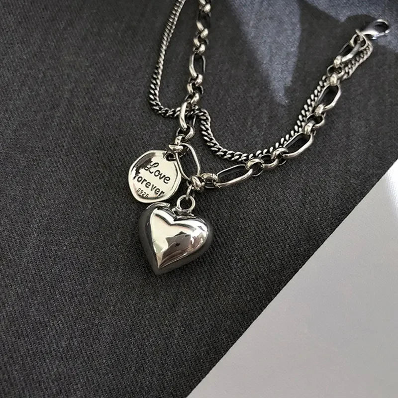 Elegant 925 Sterling Silver Love Letter Heart Double Layer Bracelet Female Unique Design Thai Silver Retro Light Luxury Jewelry