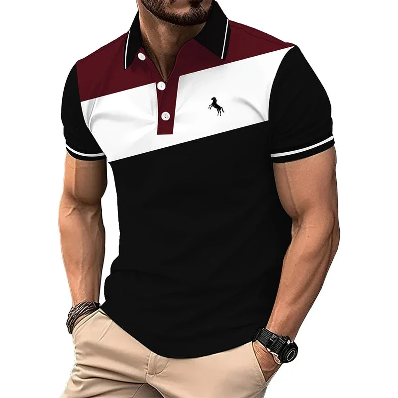 Men Clothes Summer Casual Short Sleeve Spell Color Button Polo Shirt Men Business Polo Shirt 3D Digital Print Polo Shirt Tops