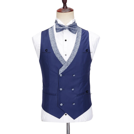 Cenne Des Graoom Elegant Men Suits Blue Tuxedo 1 Button Blazer Vest Pants with Bowtie 4pcs