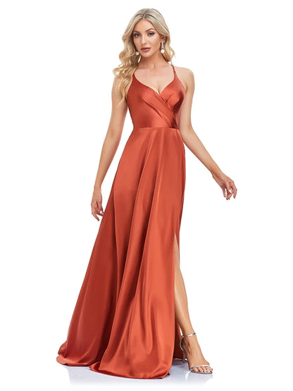 Homecoming Dresses: Evening Dress Women V-neck High Slit Satin Formal Cocktail Gowns