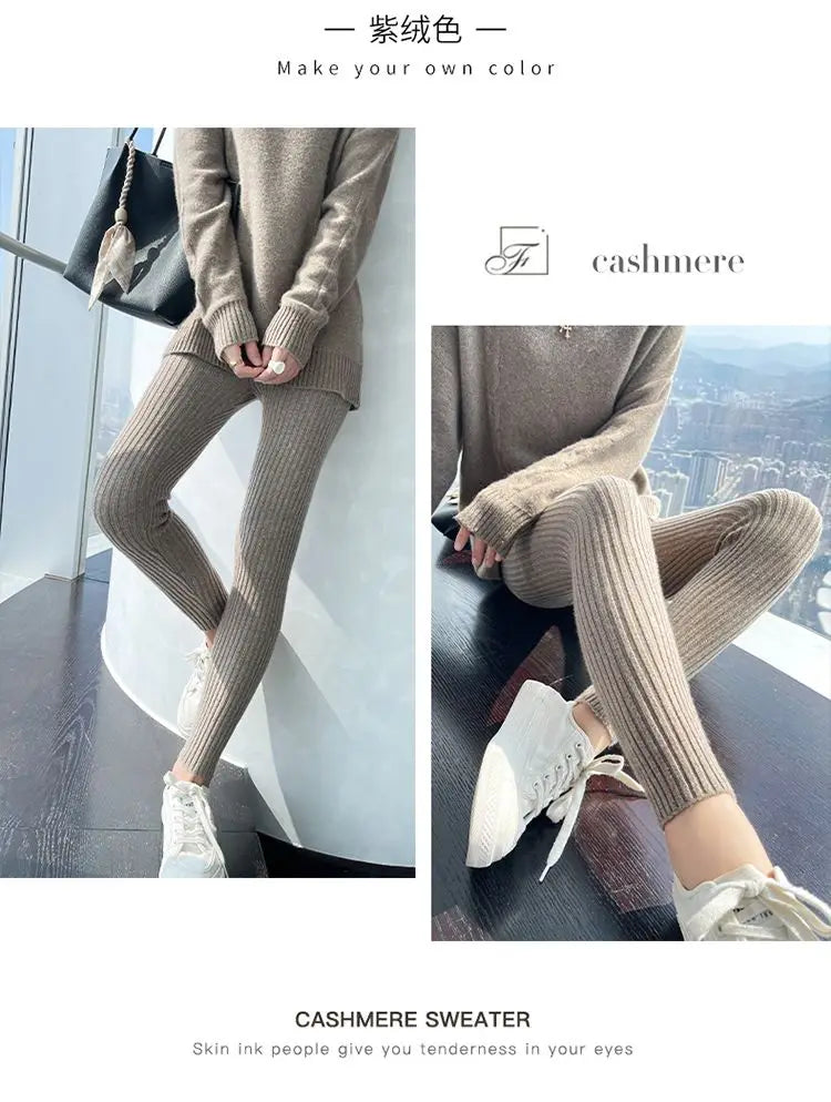 Slim Leggings Autumn Women High Waist Casual Trousers Knitted Ribbed Thicken Solid