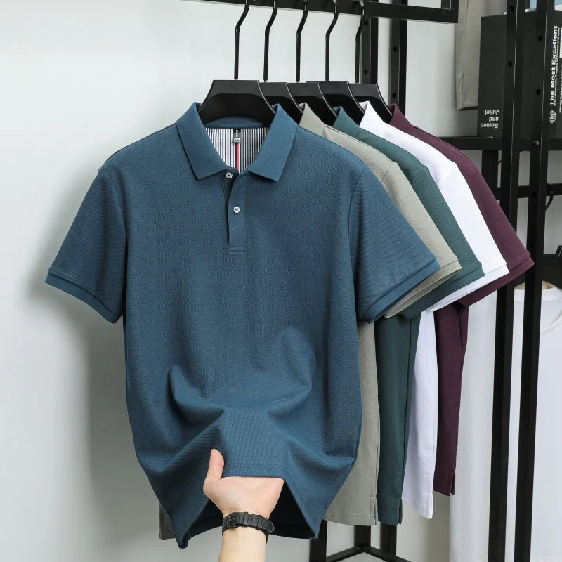 100% pure cotton short sleeved men's polo shirt summer boutique fashion high-quality top solid color collar back striped T-shirt