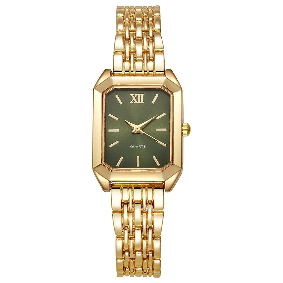 Luxury Women's Quartz Watch Set Fashion Alloy Band Business Ladies Watches Square Quality Gold Plated Folding Female Clock