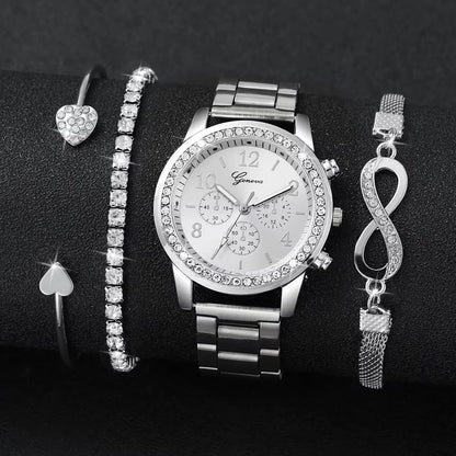 4PCS/Set Women's Watch Fashion Rhinestone Arabic Dial Steel Band Quartz Watches Bracelets Set（Without Box）