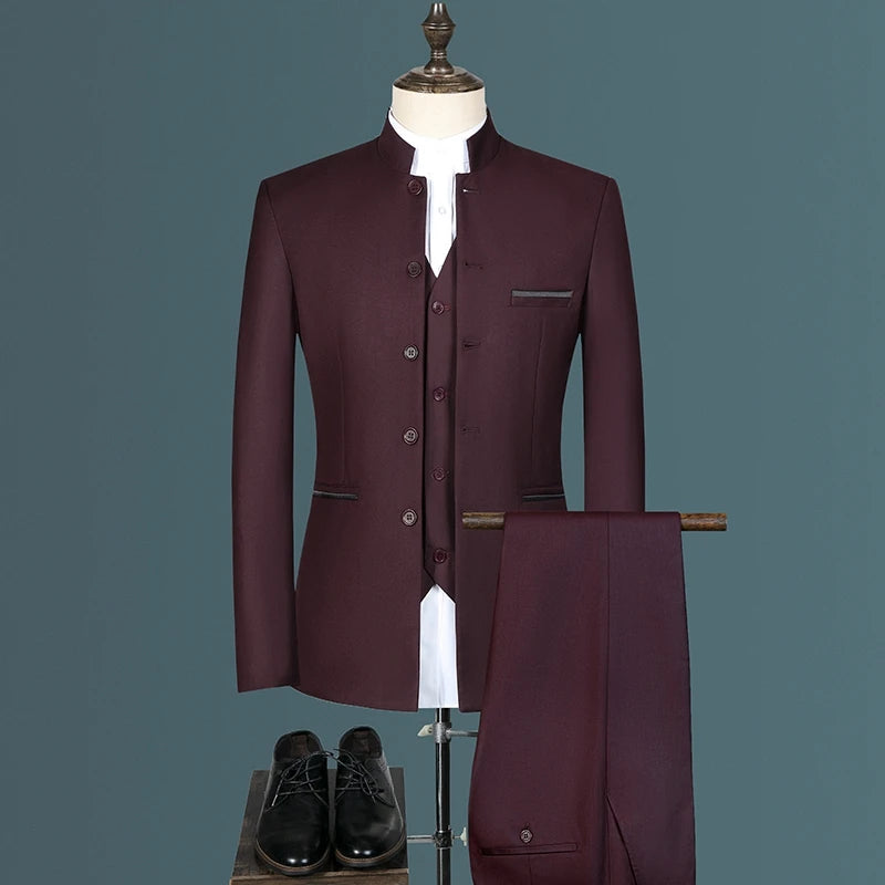 Tuxedo for Mens: Jacket Vest Pants Suit Three Piece Set / Men's Stand Collar Slim Fit