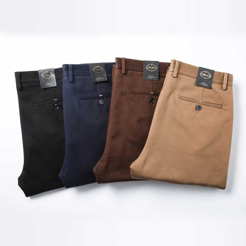 Classic Style Men's Brown Business Straight Casual Pants Solid Stretch Cotton High Waist