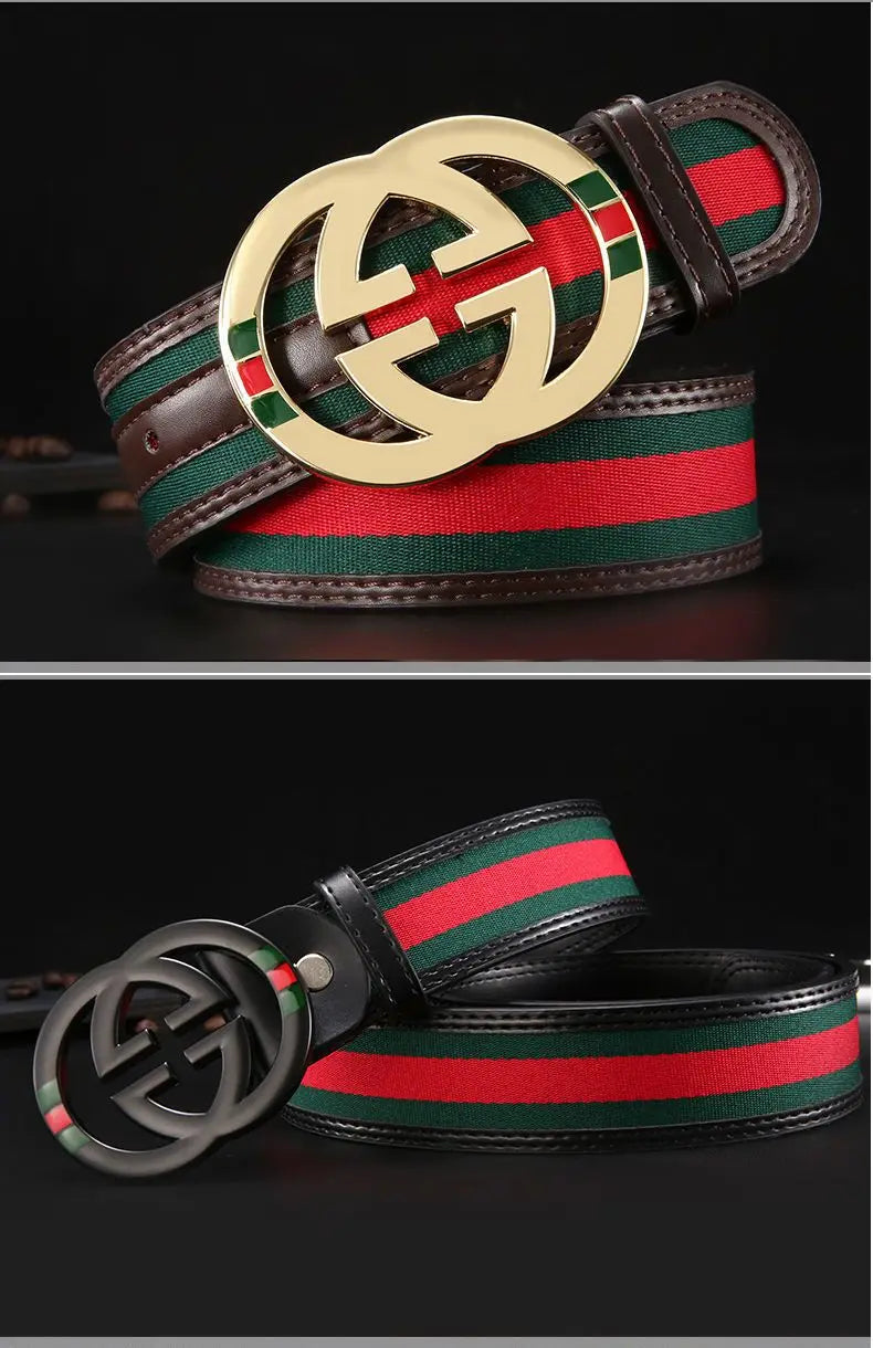 2026 New Unisex Red Green Stripe Belt 3.8cm - Durable Canvas Designer Waistband with Metal Logo, Trendy & Wear- Resistan