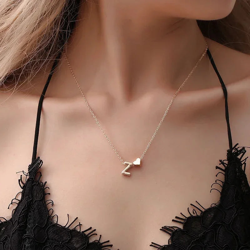 Tiny Heart Dainty Initial Necklace Gold Silver Color Letter Name Choker  For Women