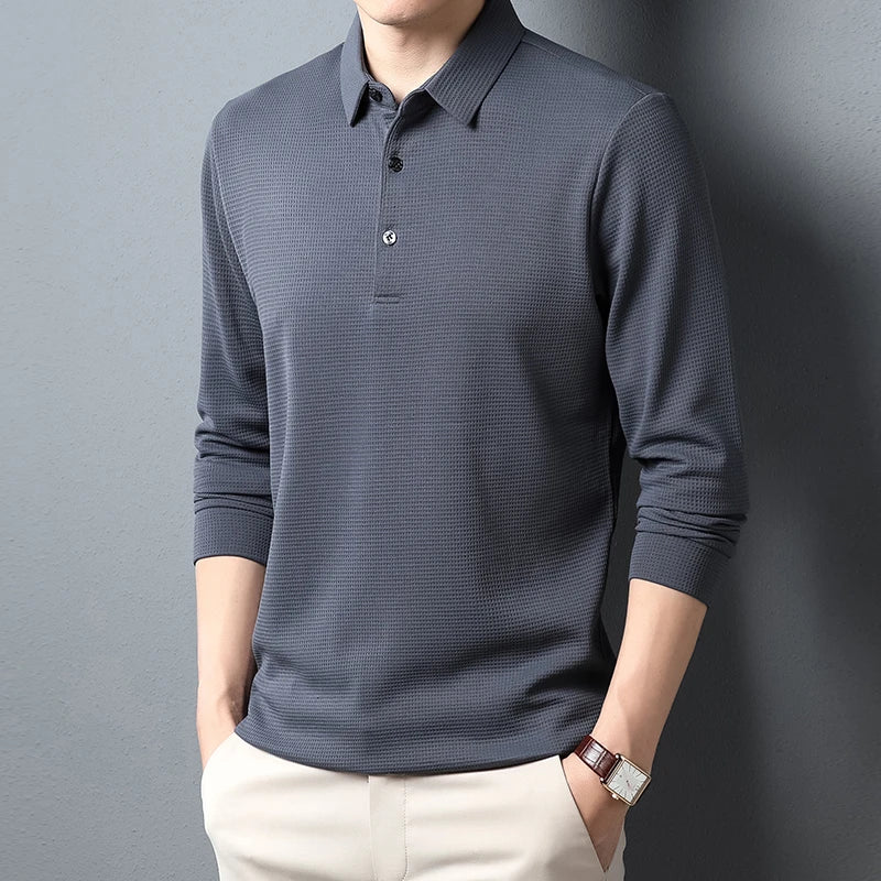 New Men's Business Fashion Casual Long Sleeved Shirt Solid Color Polo Shirt Fashionable Breathable Comfortable Versatile Top