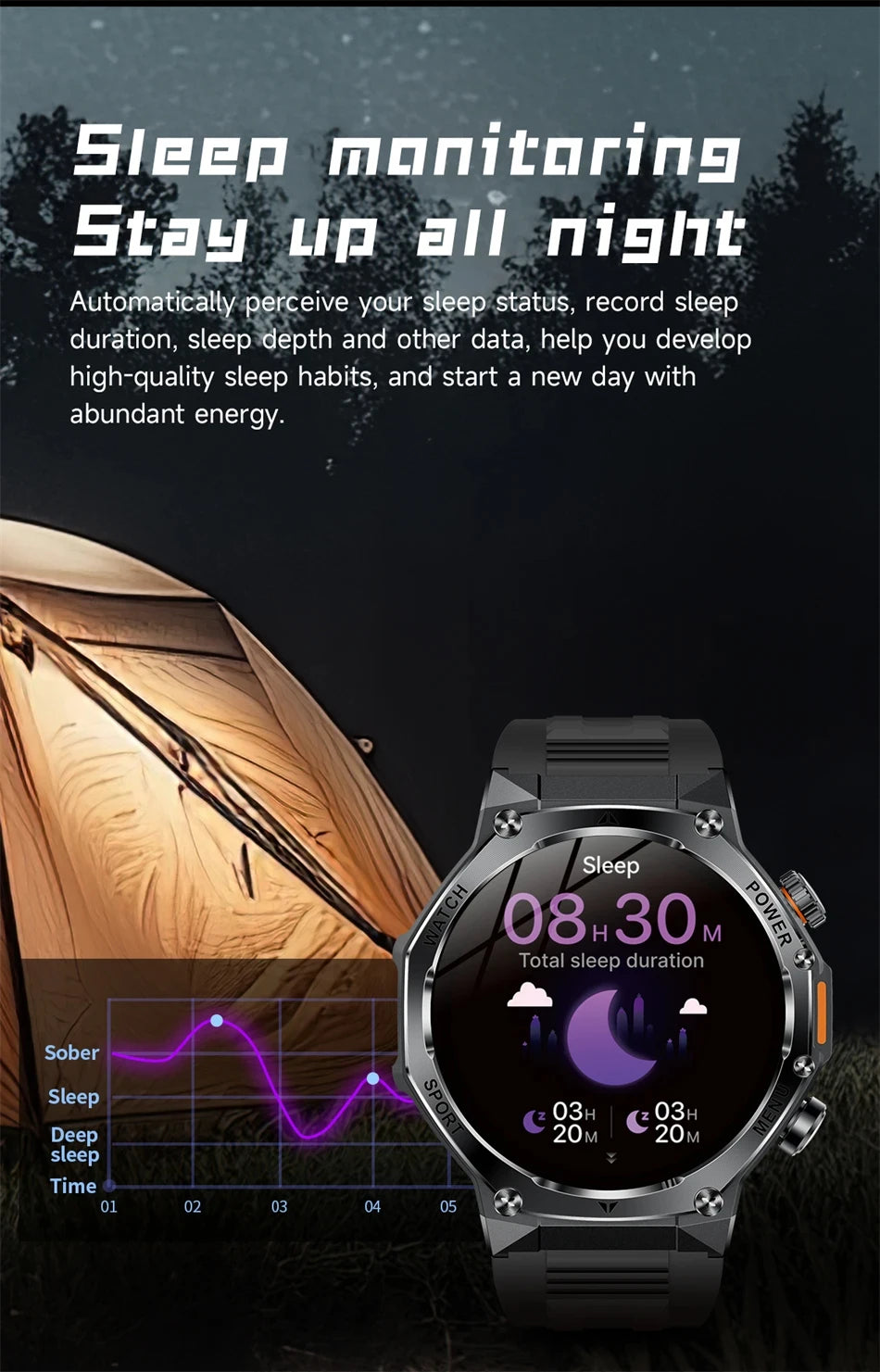 Rugged Outdoor Sports AK82 Smartwatch 1.85" HD Touchscreen 800mAh Long Battery Life Fitness Tracker Calorie Distance Smart Watch