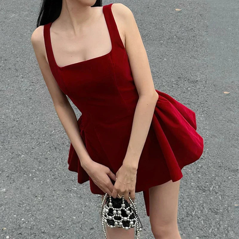 BKLD Fashion Red Bowknot Mini Dress Straps Square Collar Sleeveless Backless Vintage Cute Ladies Slim Party Short A-line Dresses
