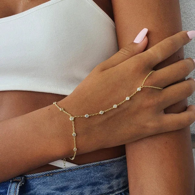 CZ Station Link Chain Long Hand Slave Bracelet Gold Plated Green Blue White Cubic Zirconia CZ Trendy Women Jewelry