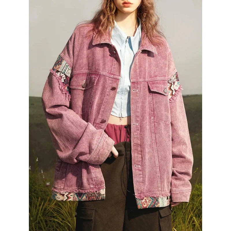 American Vintage Cowboy Coat Women New Patchwork Pink Denim Coats Men