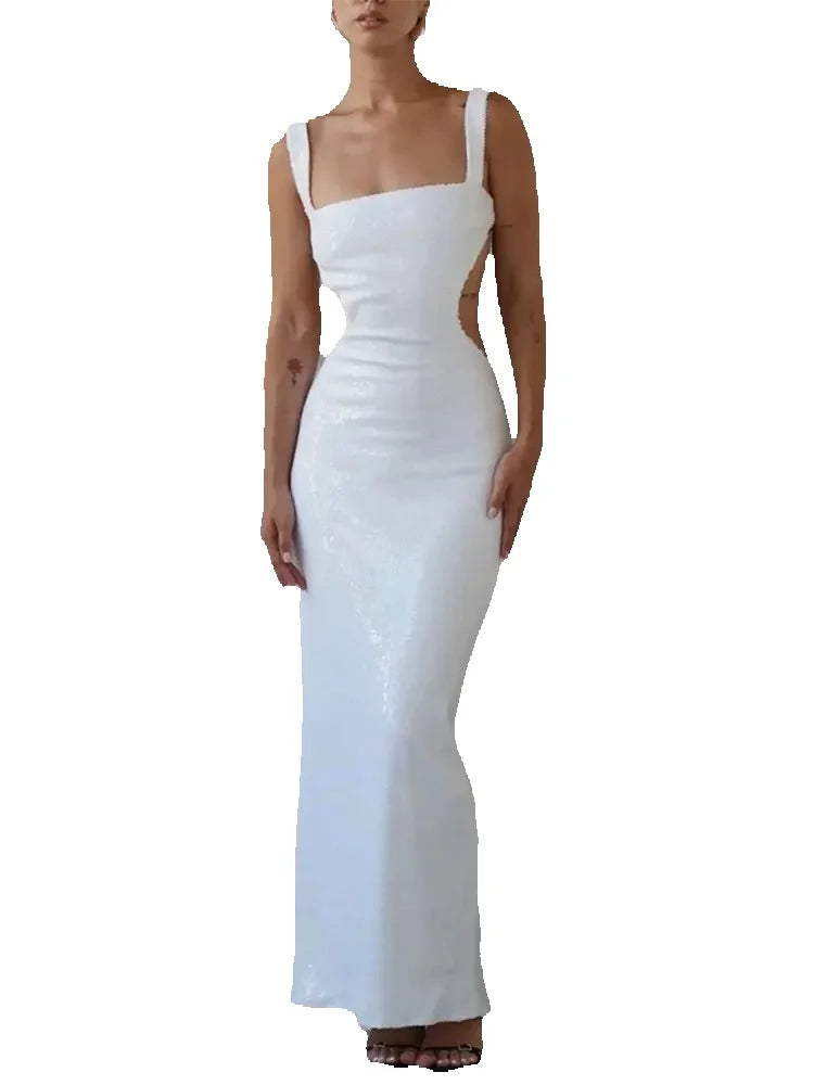 Evening wear Dresses: Backless Silvery Maxi Dress For Women Fashion High Waist