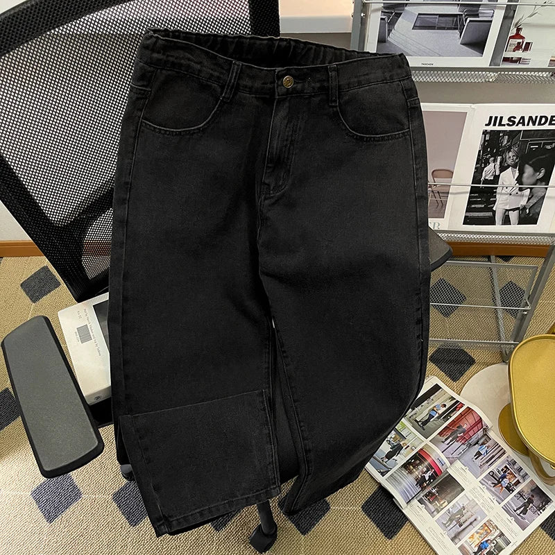 Men Baggy Jeans Korean Fashion Elastic Waist Classic Style Denim Ankle-Length Pants