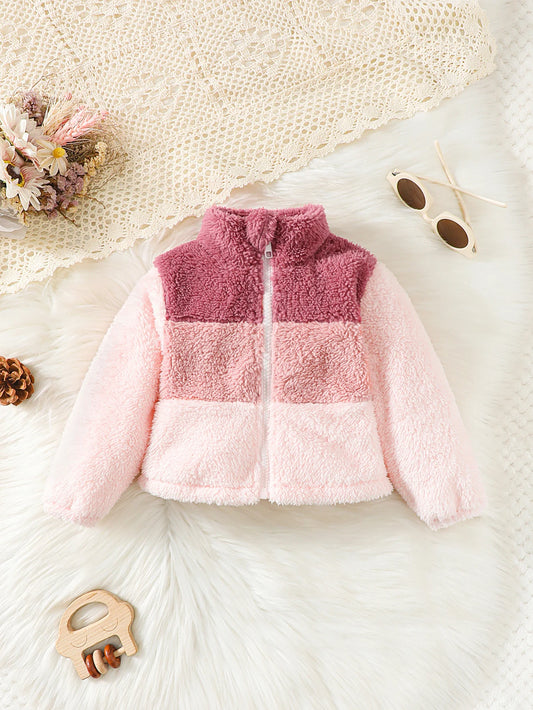 2-8 Years Kids Girl Plush Overcoat Long Sleeves Lapel Zippered Coat