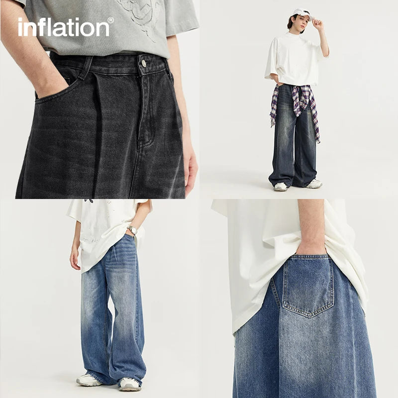 High Street Wide Leg Jeans Men Washed Baggy  Denim Trousers