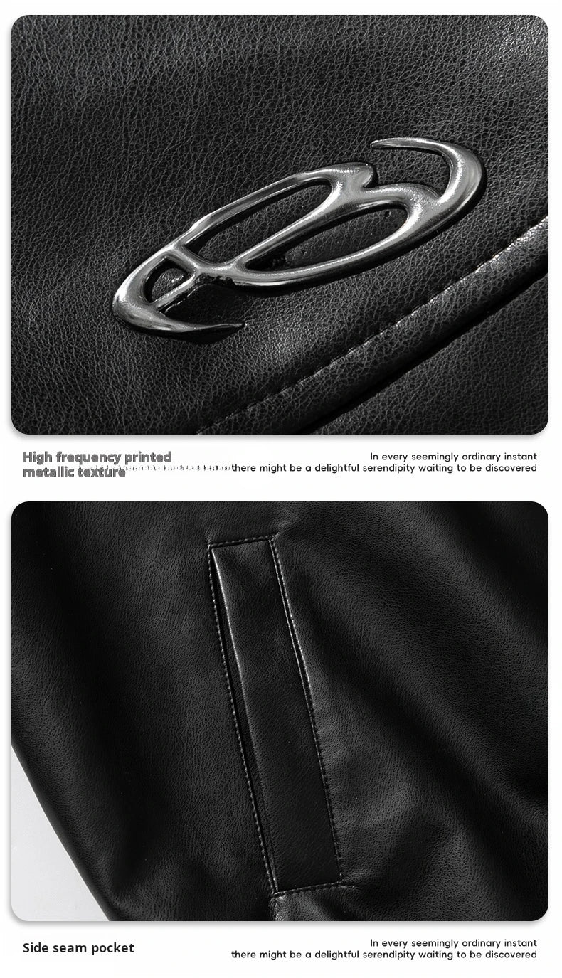 Metal Printed Black PU Leather Jacket for Men and Women, Trendy Brand