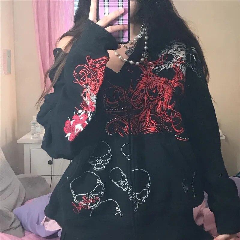 Sweatshirt Women Fairy Grunge Skull Print Long Sleeve Hooded Tops Coats