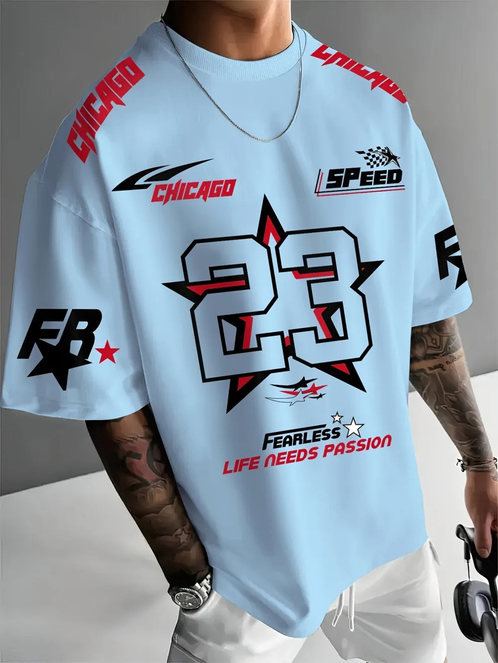 New Summer Men's Chicago Black Red and White Printed 23 Pattern Round Neck Breathable Casual T-shirt Loose Outdoor Top