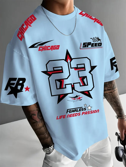 New Summer Men's Chicago Black Red and White Printed 23 Pattern Round Neck Breathable Casual T-shirt Loose Outdoor Top