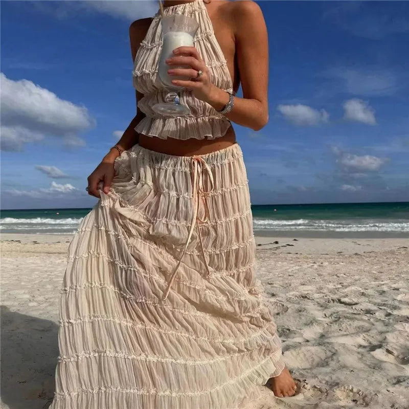 Holiday Beige White Two Pieces Suits Backless Halter Short Tank Vest