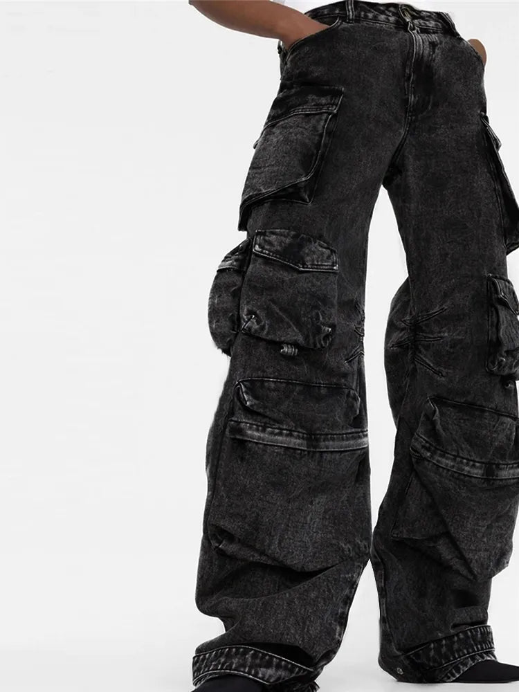 Camouflage Casual Jeans For Women High Waist Patchwork Pockets Solid Minimalist