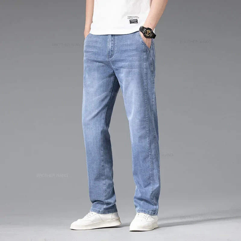 Baggy Jeans Blue Gray Elastic Waist Business Casual Straight Denim Trousers