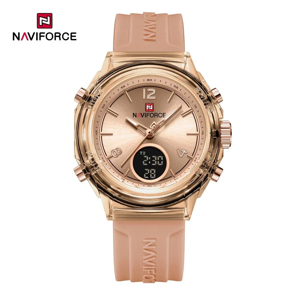NAVIFORCE Luxury Women's Watch Gold Outdoor Sports Waterproof Watches Dual Time Display Quartz Wristwatches Rubber Digital Clock