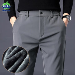 Winter Warm Fleece Trousers Men Thicken Business Stretch Slim Elastic Waist