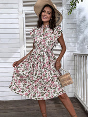 Fashion Boho Floral Printed Pleated Short Sleeve Midi Dress Spring Summer