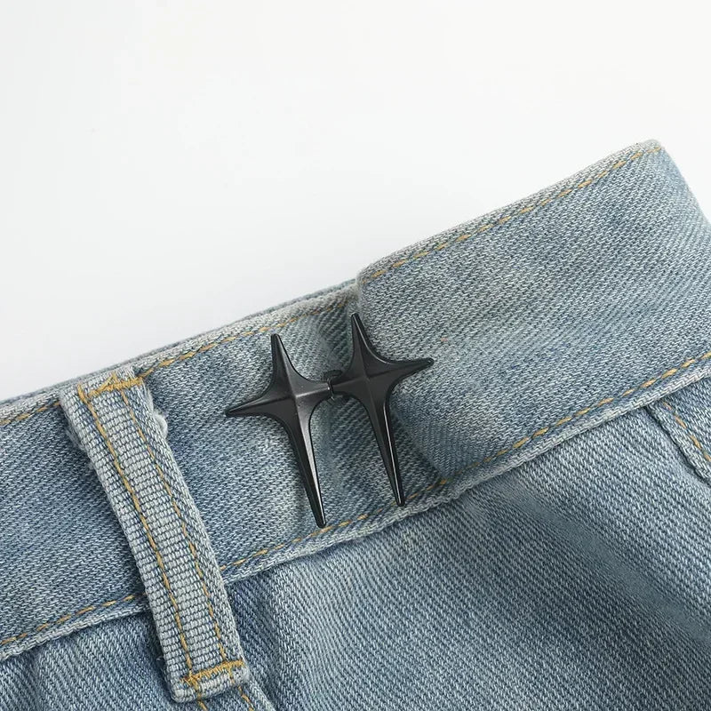 1Pair Cross Star Waist Buckle Adjustable Detachable Pants Clips Waist Tightener Nail-free Metal Button Snaps for Jeans Decor