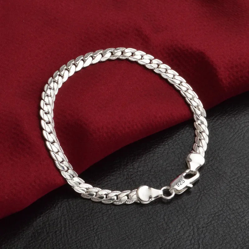 925 Sterling Silver Bracelet 6mm 18/20cm Flat Side Chain Lobster Clasp Bracelet For Woman Man Party Wedding Jewelry Holiday Gift