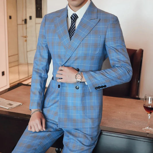 Light Blue Three Piece Set Men Plaid Slim Double Breasted Suit Coat Pants Vest High End Large Size S-5XL Blazer Jacket Business